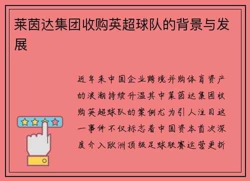 莱茵达集团收购英超球队的背景与发展