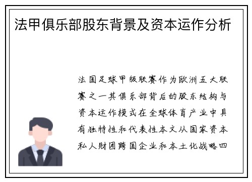法甲俱乐部股东背景及资本运作分析
