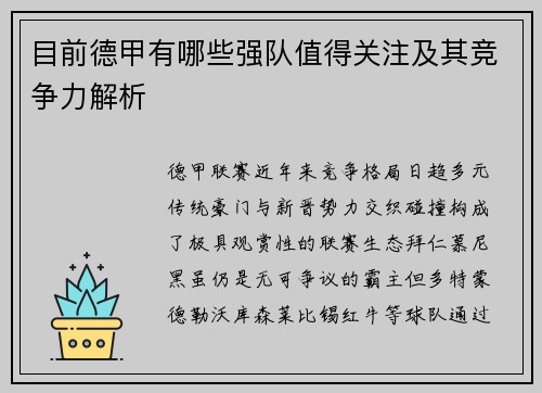 目前德甲有哪些强队值得关注及其竞争力解析